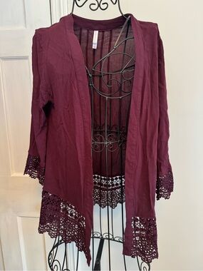 Xhilaration Burgundy Open Cardigan with Lace Trim